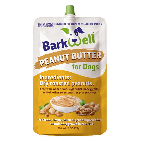 BarkWell Peanut Butter Squeeze - 8oz Pouch All-Natural Dog Peanut Butter, Sourced and Made in The USA Grain Free Dog Treat 100% natural, Lick mat topper, puzzle toy fill