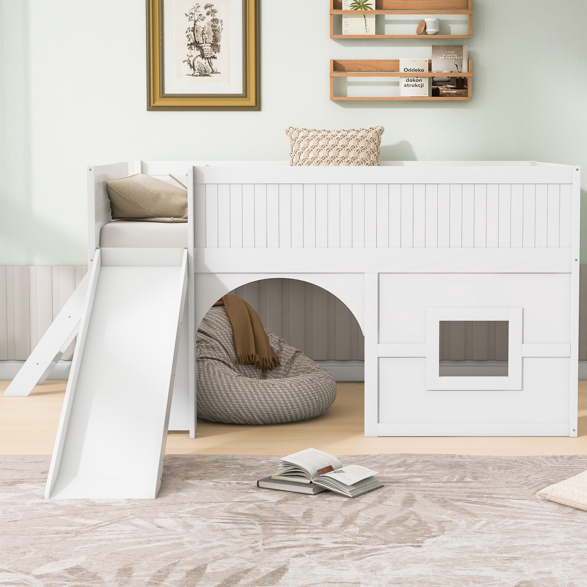 Euroco Full Size Loft Bed with Shelves and Ladder, Low Profile Wood Bed with Door and Window Design, White