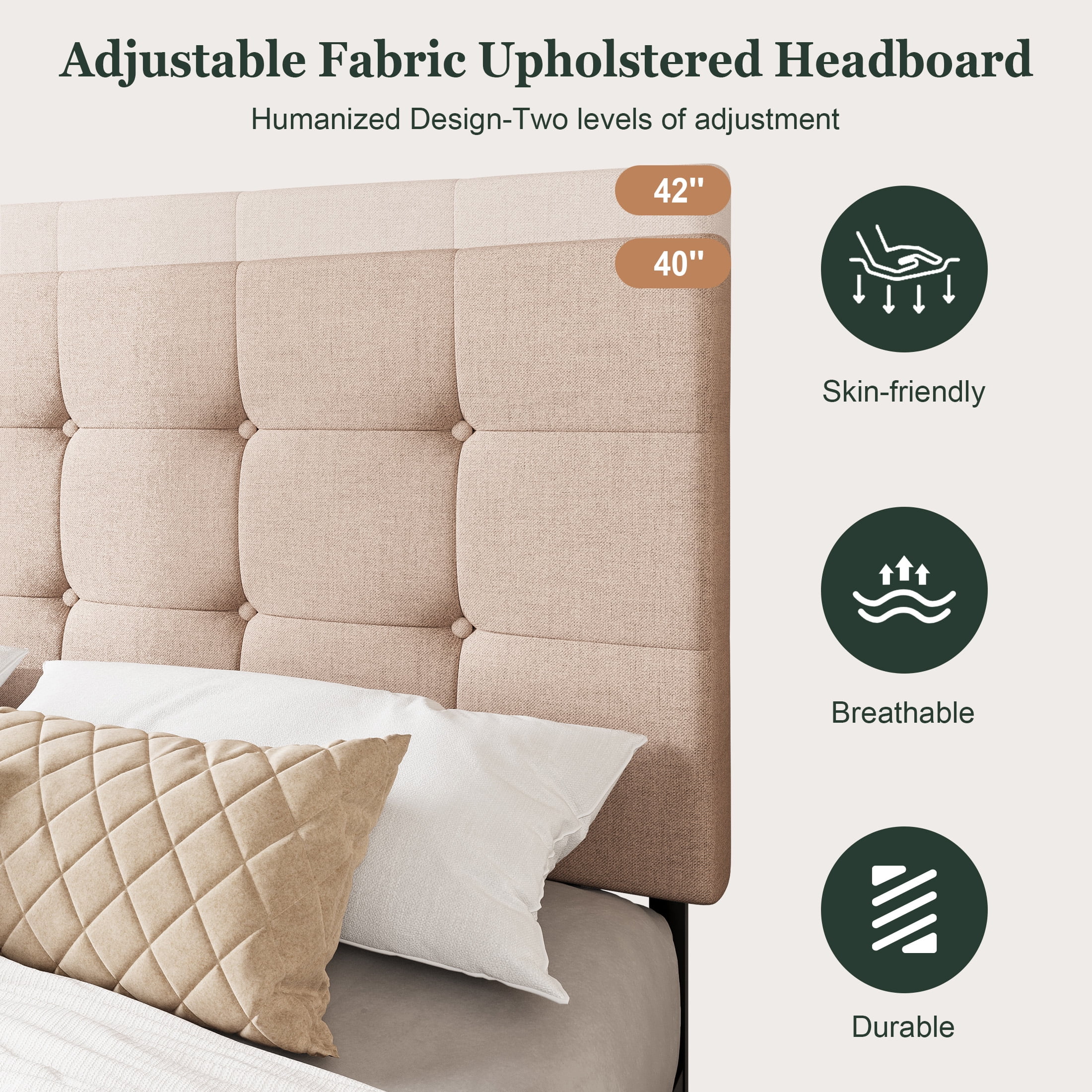 Amolife Queen Size Platform Bed Frame with Square-stitched Headboard and 4 Drawers, Beige