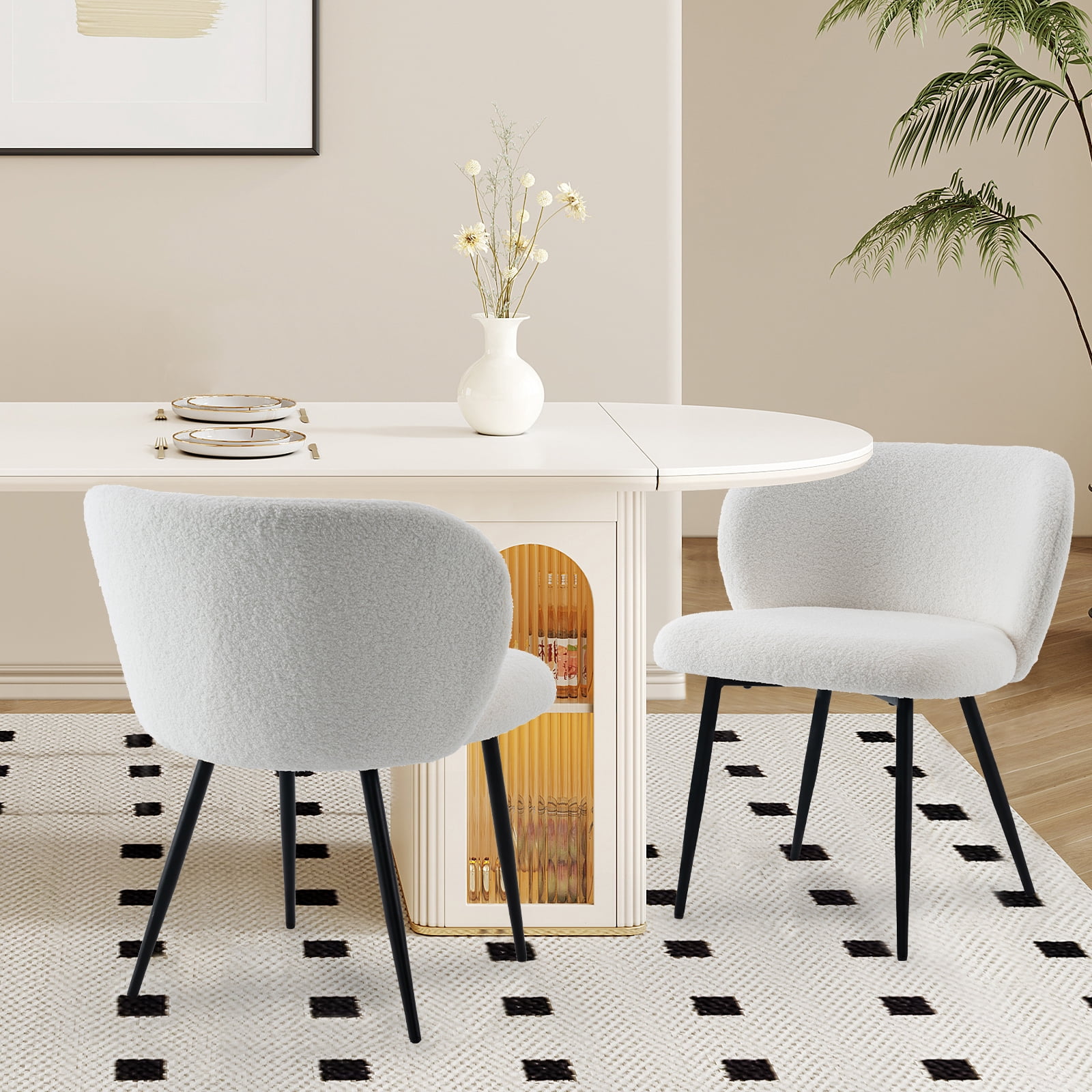 Rongbuk Modern Teddy Dining Chairs Set of 2, Comfy Kitchen Armless Chairs with Thick Cushions, Wingback Chair, Upholstered Dining Room Chairs with Metal Legs for Dining Room, Living Room, White