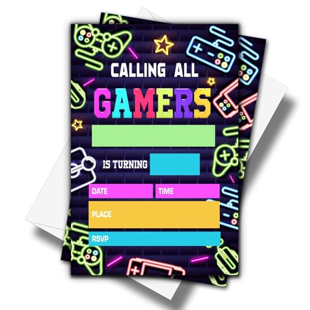 Gamer's Quest Birthday Invites Pack - 20 Unique Video Game Themed Invitations with Envelopes for Epic Gaming Celebrations - Perfect for All Ages and Game Lovers