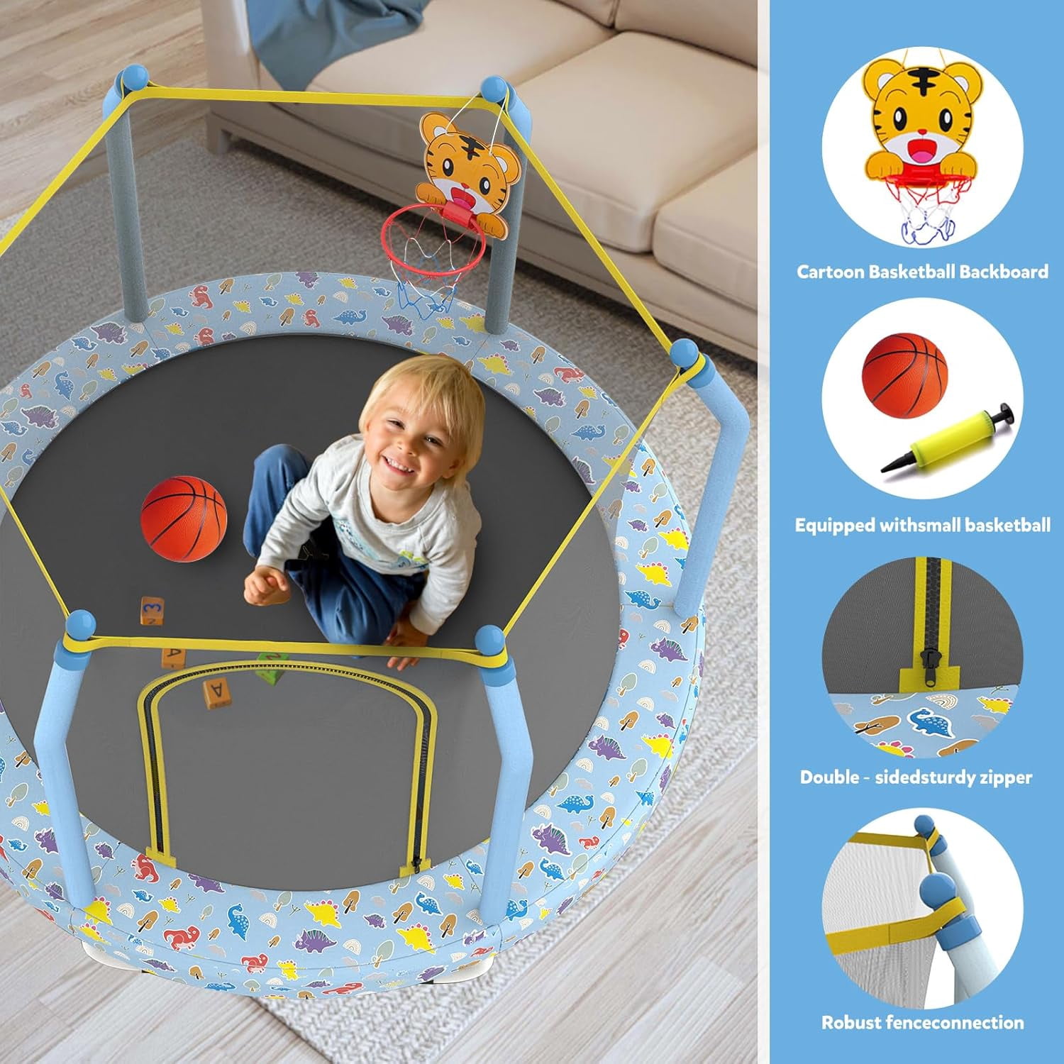 55" Trampoline for Kids, Mini Toddler Trampolines Indoor with Basketball Hoop & Safety Enclosure Net, No-Gap Safe Design for Boys Girls Ages 1-8