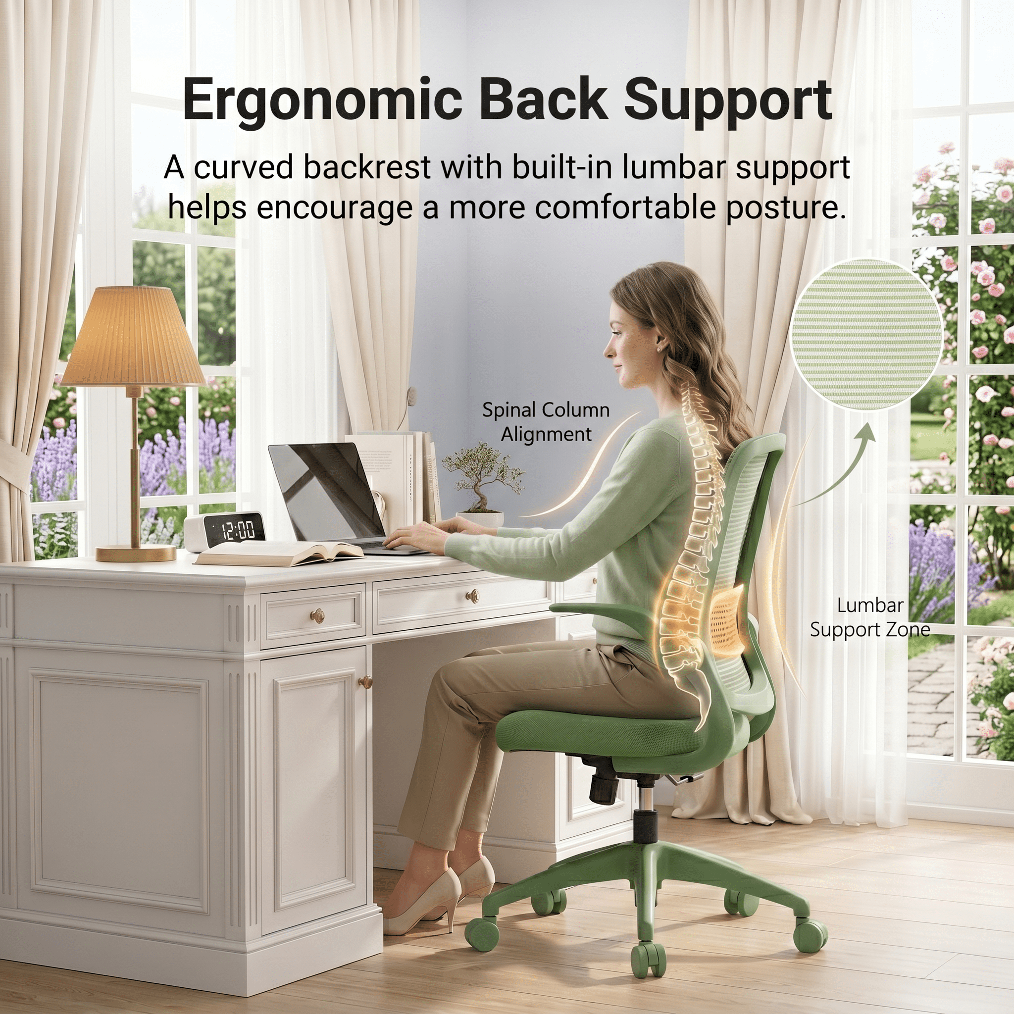 Homy Casa Green Mesh Office Chair with Flip-Up Arms, Ergonomic Swivel Desk Chair for Home Office