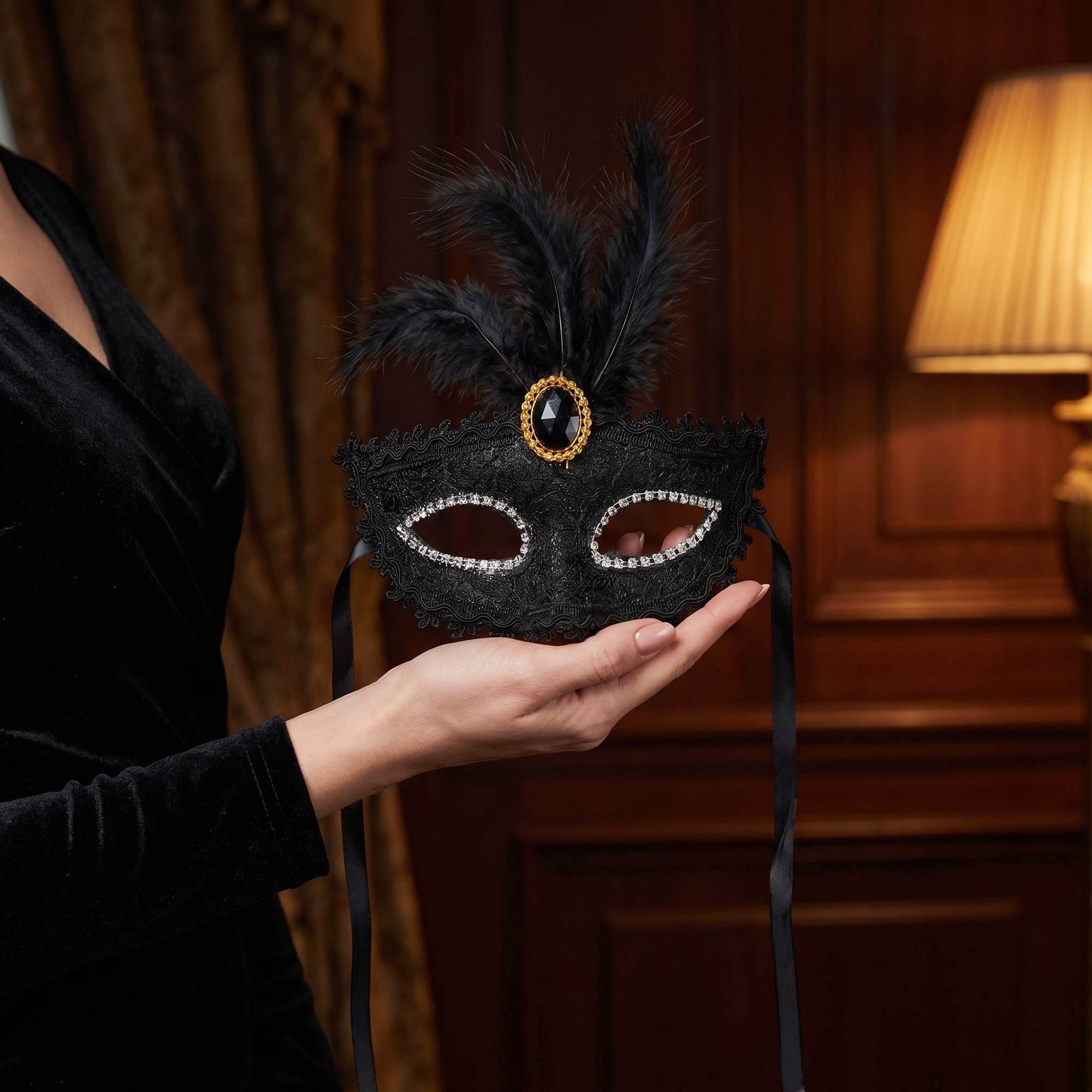 Unique Bargains Feather Masquerade Venetian Half Face Mask for Halloween Black 8.3" x 6.3"