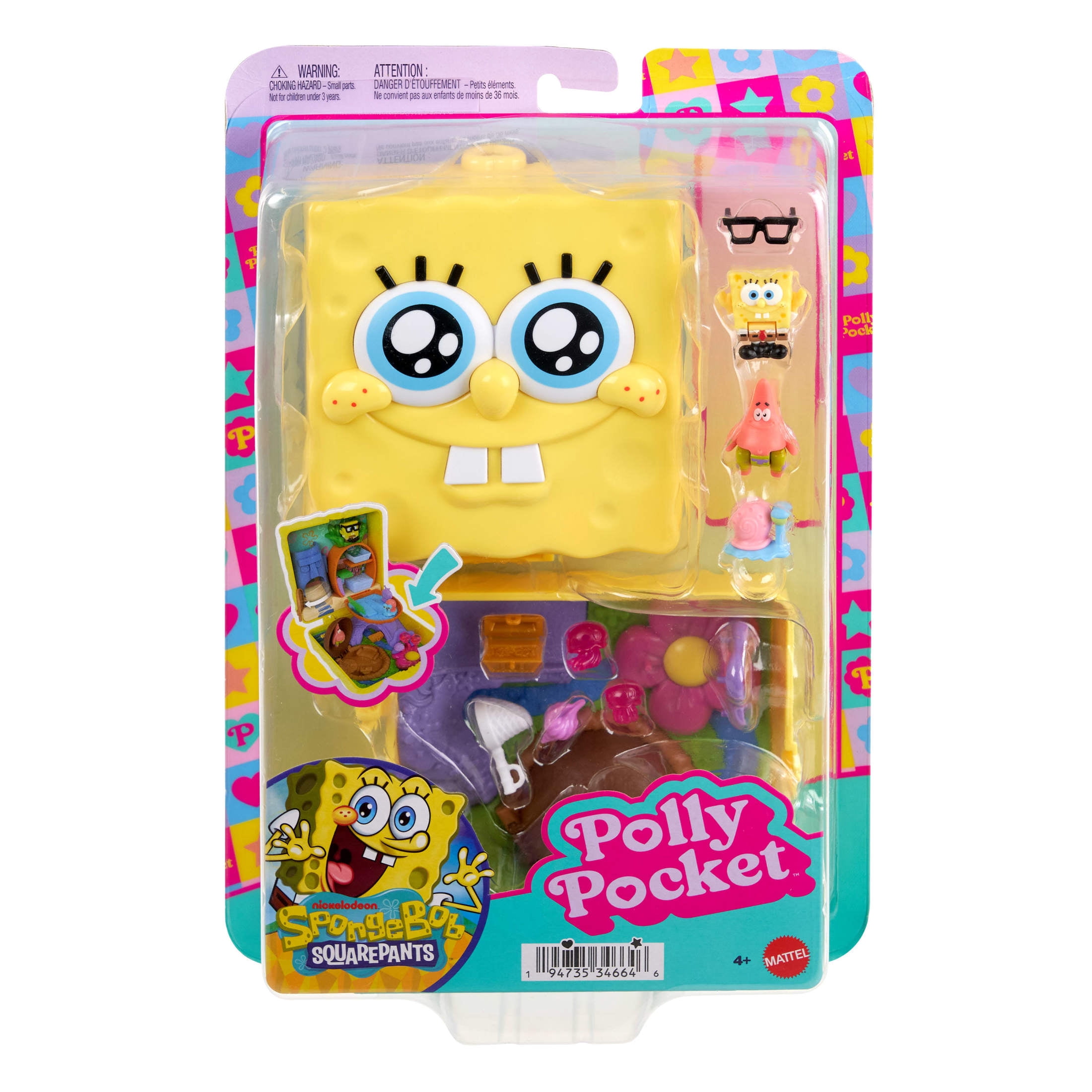 Polly Pocket Micro Dolls and Playset, SpongeBob Partnership Compact with Patrick Doll, 7 Accessories