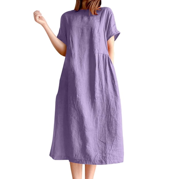 gakvbuo Summer Dress For Women T-Shirt Dress Women's Solid Color Round Neck Loose Short Sleeve Dress