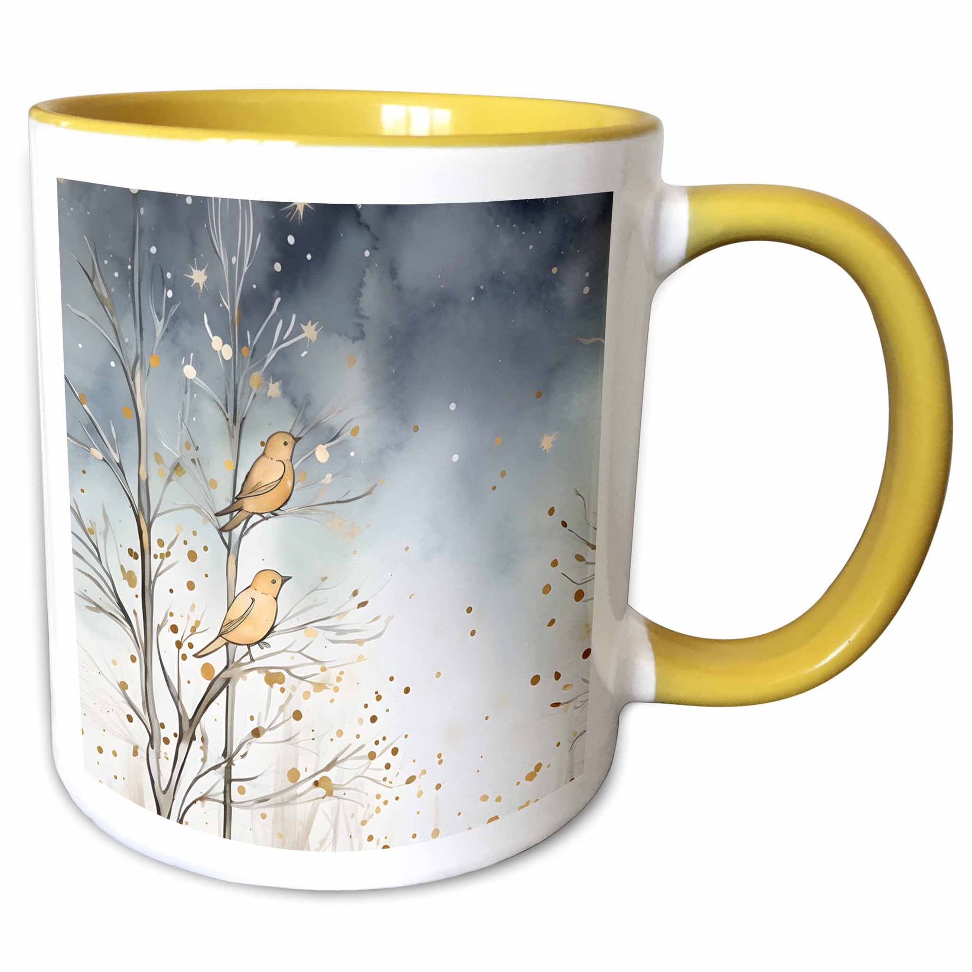 3drose, Sweet Pair of Winter Birds in a Golden Hues with Winter Blues, 15oz Two-tone Yellow Mug
