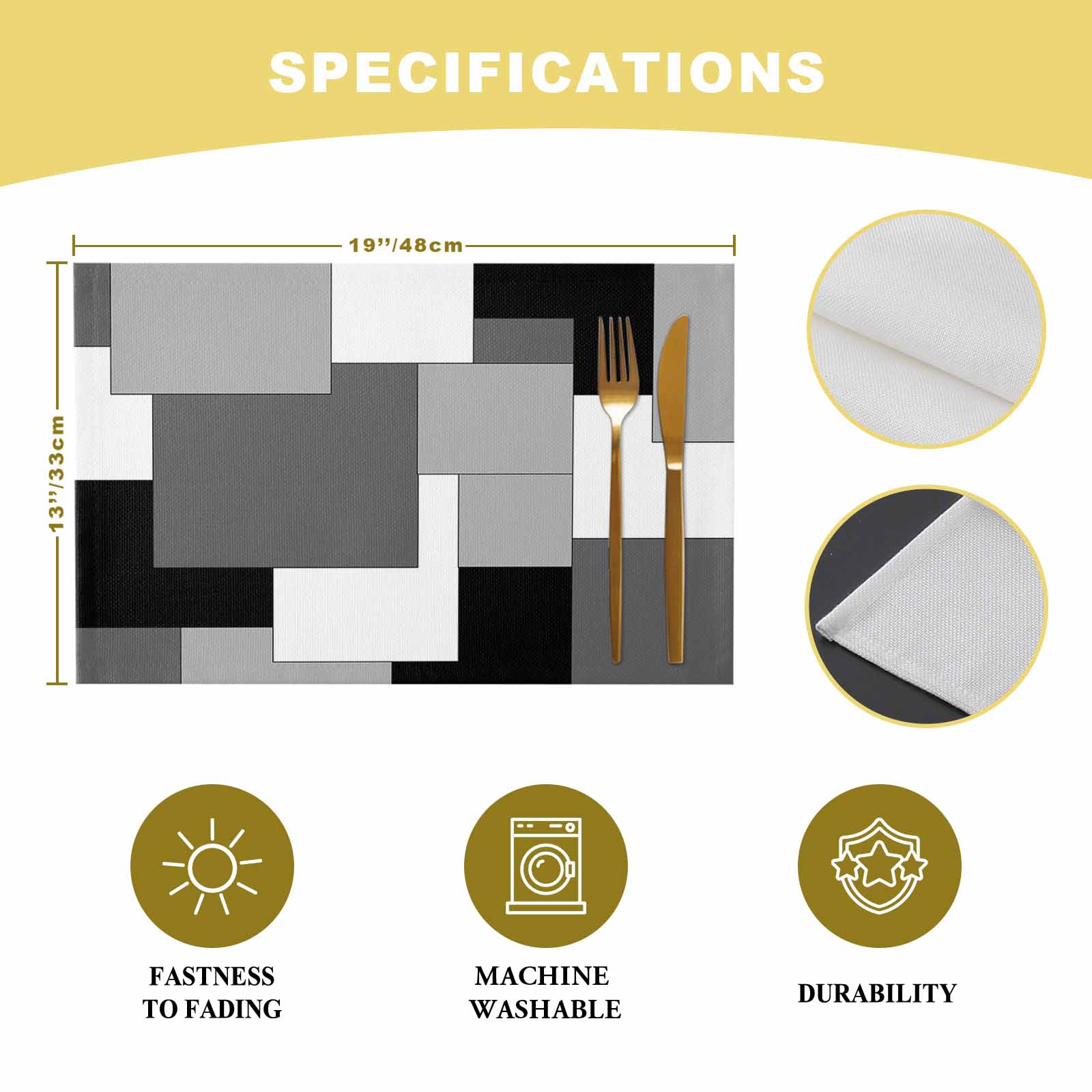 Black Grey Placemats Set of 4, Middle Century Irregular Geo Abstract Art Placemats for Dining Table, Place Mats for Kitchen Tabletop, Waterproof Wipeable Dining Table Mats Set