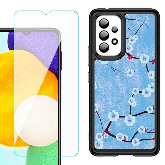 Shockproof Bumper (Black Frame) phone Case for Samsung Galaxy A23 5G, with Tempered Glass Screen Protector, by OneToughShield ® - Blossom Sky