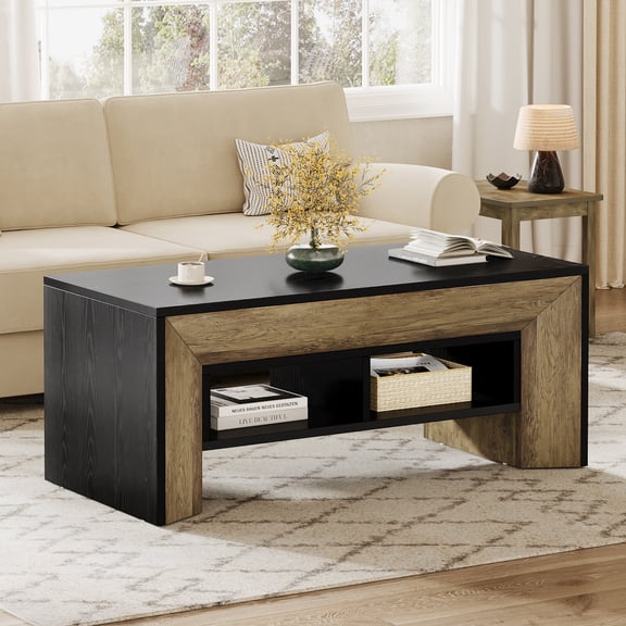 47.2" Modern Rectangular Coffee Table with 2-Tier Storage, Wooden Living Room Center Table with Sturdy Trapezoid Base