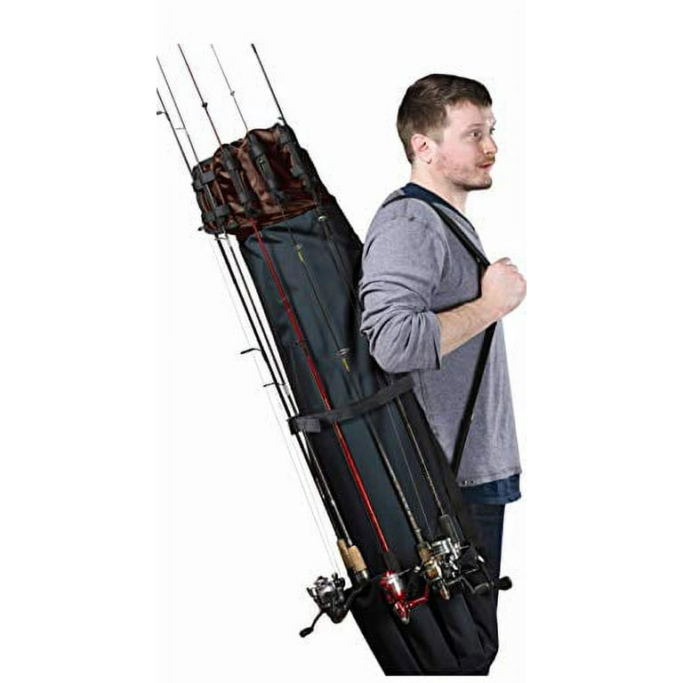 HDG Gear Fishing Rod Carrier & Organizer, Black/Brown | 48 L Fishing Pole Case with Inside/Outside Storage & Shoulder Strap