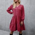 thumbnail image 2 of Women Long Sleeve Dress Dots V Neck A-Line Loose Spring, 2 of 8