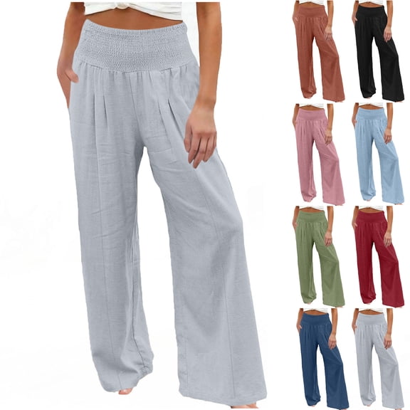 VBVC Women's Smocked High Waist Wide Leg Pants,Summer Stretchy Sweatpants for Women,Ladies Lightweight Work Office Trousers with Pockets,Black,S-2XL