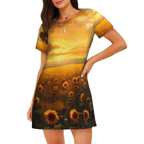 Fotbe Sunflower Sunset Rainfall Bata de Dormir para Mujer con Estampado, Camisón de Algodón de Manga Corta, Ropa de Dormir Casual