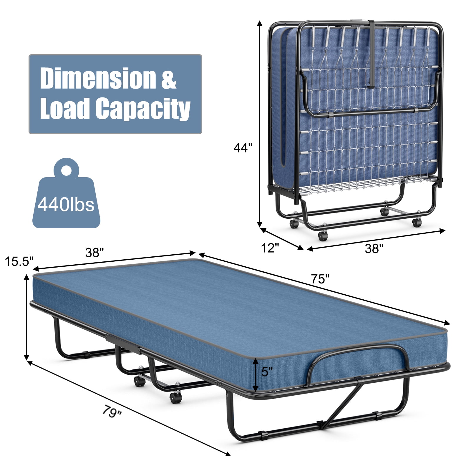 Furnibear Folding Rollaway Guest Bed with Sturdy Steel Frame Foam Mattress and Rolling Wheels for Home and Office Use, Navy