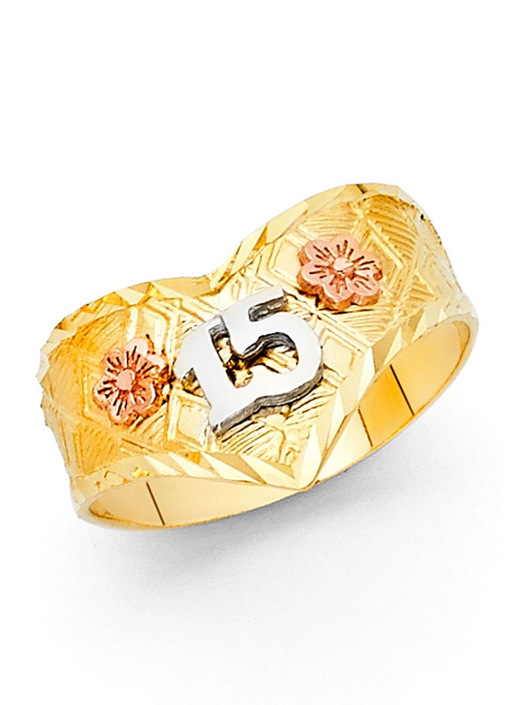 Size 4 Jewel Tie Solid 14k Rose Yellow /& White Gold 15 Years Birthday Heart Ring
