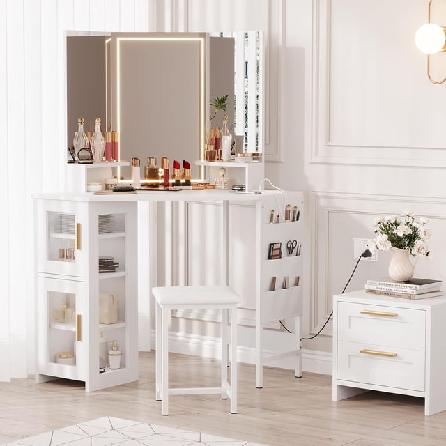 Ensemble de Coiffeuse d'Angle Blanche avec Tabouret, Miroir à DEL Éclairé, Station de Recharge Intégrée et Armoire de Rangement pour Chambre