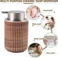 thumbnail image 6 of Ceramic Foaming Soap Dispenser, 10Oz Imitation Wood Grain Foam Hand Soap Dispenser with Chrome-Plated Pump,Refillable Lotion Soap Dispenser, Dish Soap Dispenser for Kitchen (Brown-Lotion), 6 of 7