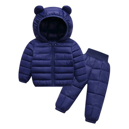 TiaoBug Toddler Baby Winter Snowsuit Outfits Boys Girls Bear Ear Hoodies Coat and Snow Pants Clothes Set Navy Blue 2-3