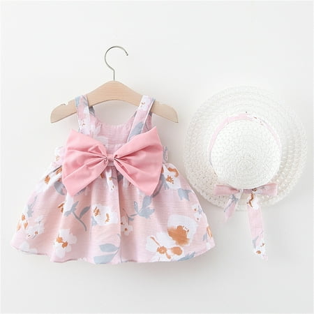 

Hunpta Toddler Infant Baby Girls Summer Princess Dresses Vacation Beach Sleeveless Hat Set Ruffles Bow Floral Dress 0-3Y