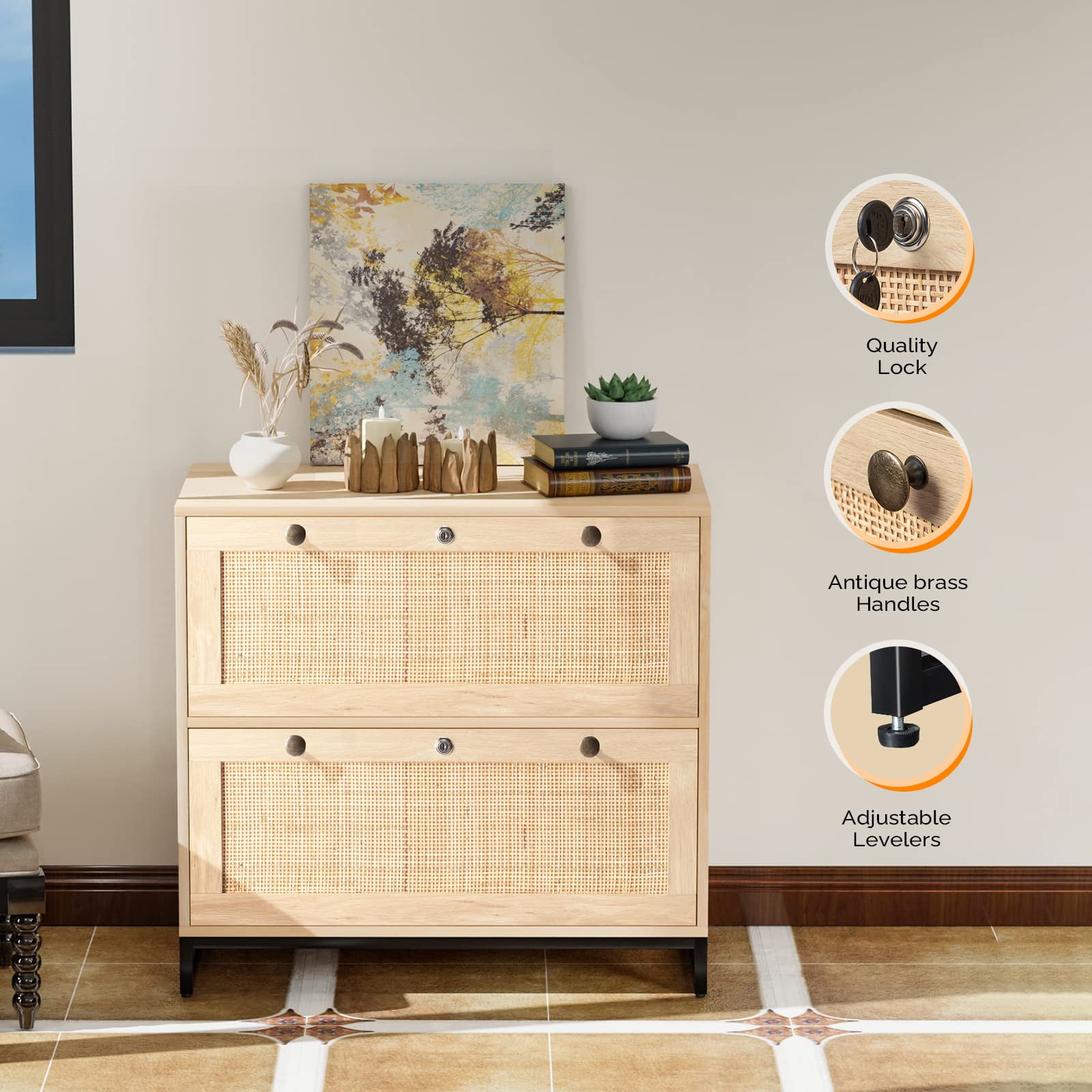 Ktaxon Wood Rattan 2-Drawer Lateral File Cabinet with Lock for Home Office, Lockable Filing Cabinet with Rustic Metal Handles, Oak