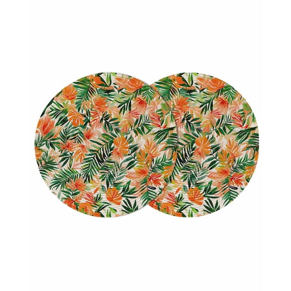 Orange Green Palm Leaves Round 13 Inch Placemats Set of 2, Summer Tropical Floral HeatResistant Non Slip Place Mats for Dining Table, Wipeable Braided Kitchen Table Mats for Housewarming