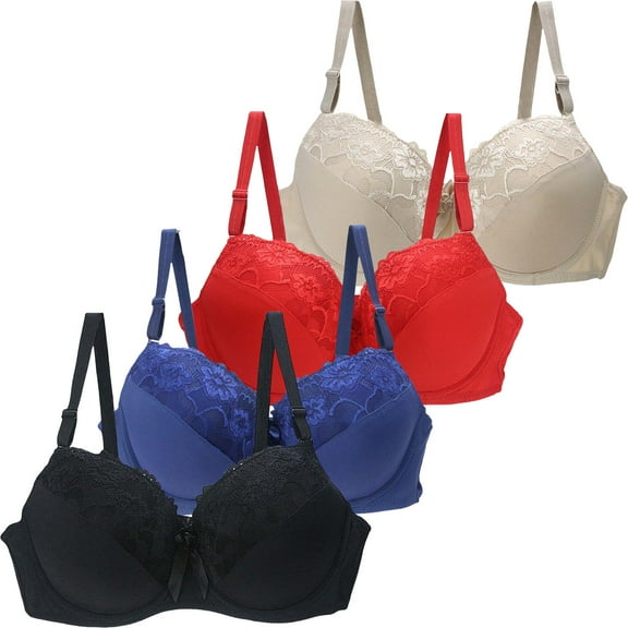 Fatuov Lace Seamless Bras for Women Plus Size Full Coverage Comfort Bras Underwear for Casual Outings Sexy Sports Bras 38C, Multicolor, 4-Pack