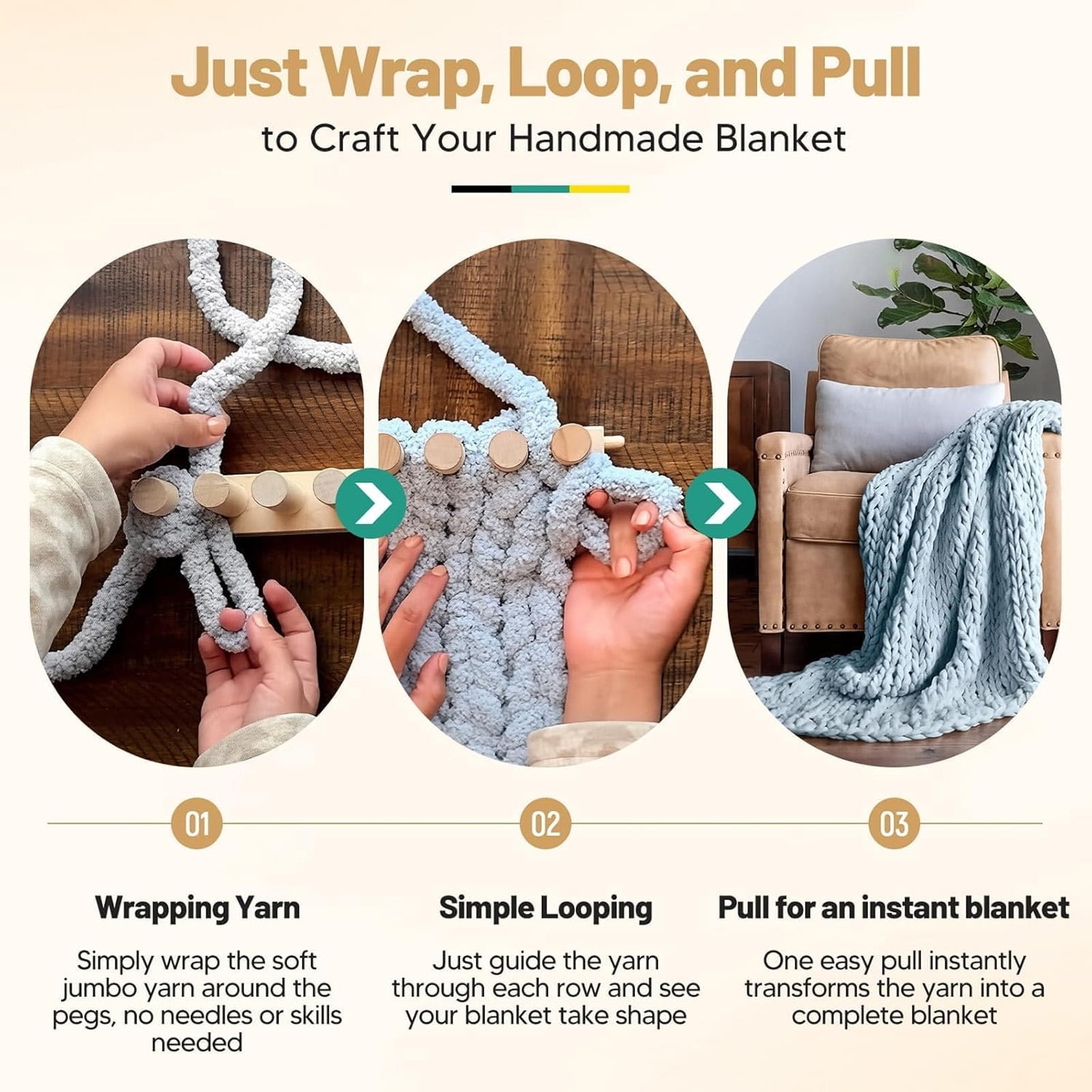 Wooden Chunky Blanket Loom, Portable Hand Knitting Loom, Expandable Connections for Beginners, Reusable for Bulky Yarn Crafts, Scarves ,Throw