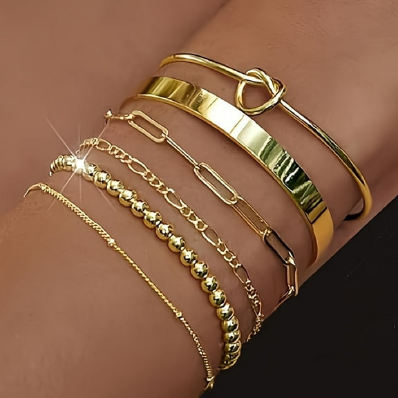 LINXIQIN 6pcs/set Stylish and Versatile 14K Gold Plated Bracelets Set for Women - Clavicle Chain, Cuba Link, Herringbone, Twisted Rope - Perfect Jewelry Gift