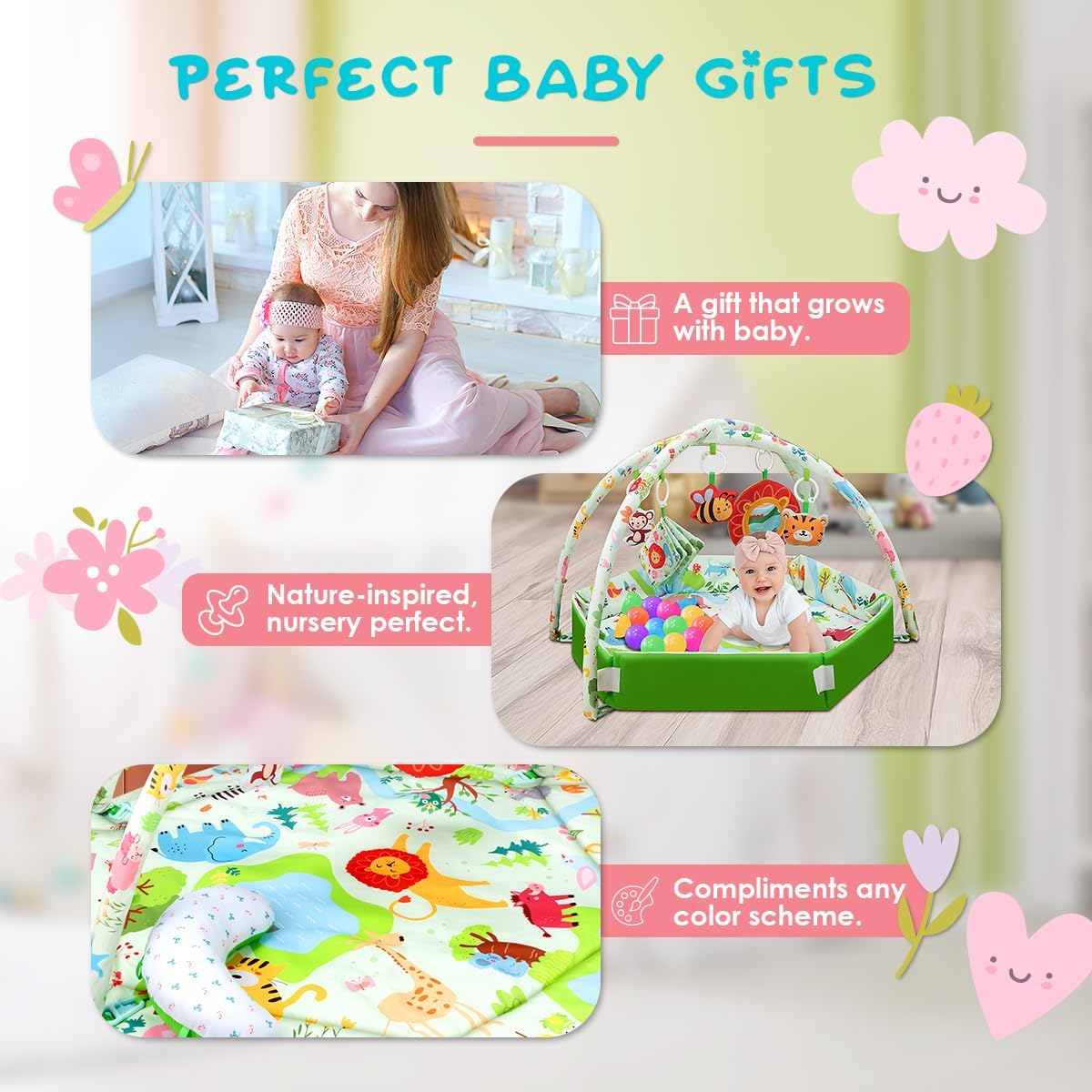 Baby Activity Gym & Play Mat with 6 Detachable Toys-Activity Gym for Visual, Auditory & Motor Development-Washable Baby Activity Mat for 0-12 Month Infants(Animal Theme)