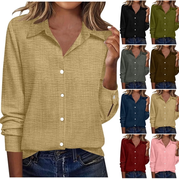 Otntypg Button Down Shirts for Women Long Sleeve Tops Lightweight Casual V Neck Collared Work Business T-Shirts Blouses Loose Fit Dressy Summer Outfits Brown S