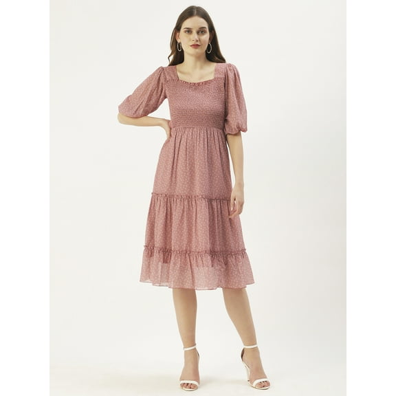 DressBerry Women’s Printed Poly Georgette Sweetheart Neck Puff Elbow Sleeves Calf Length Light Weighted Tiered Hem Casual Summerwear Beachwear Partywear All Purpose One Piece Dress