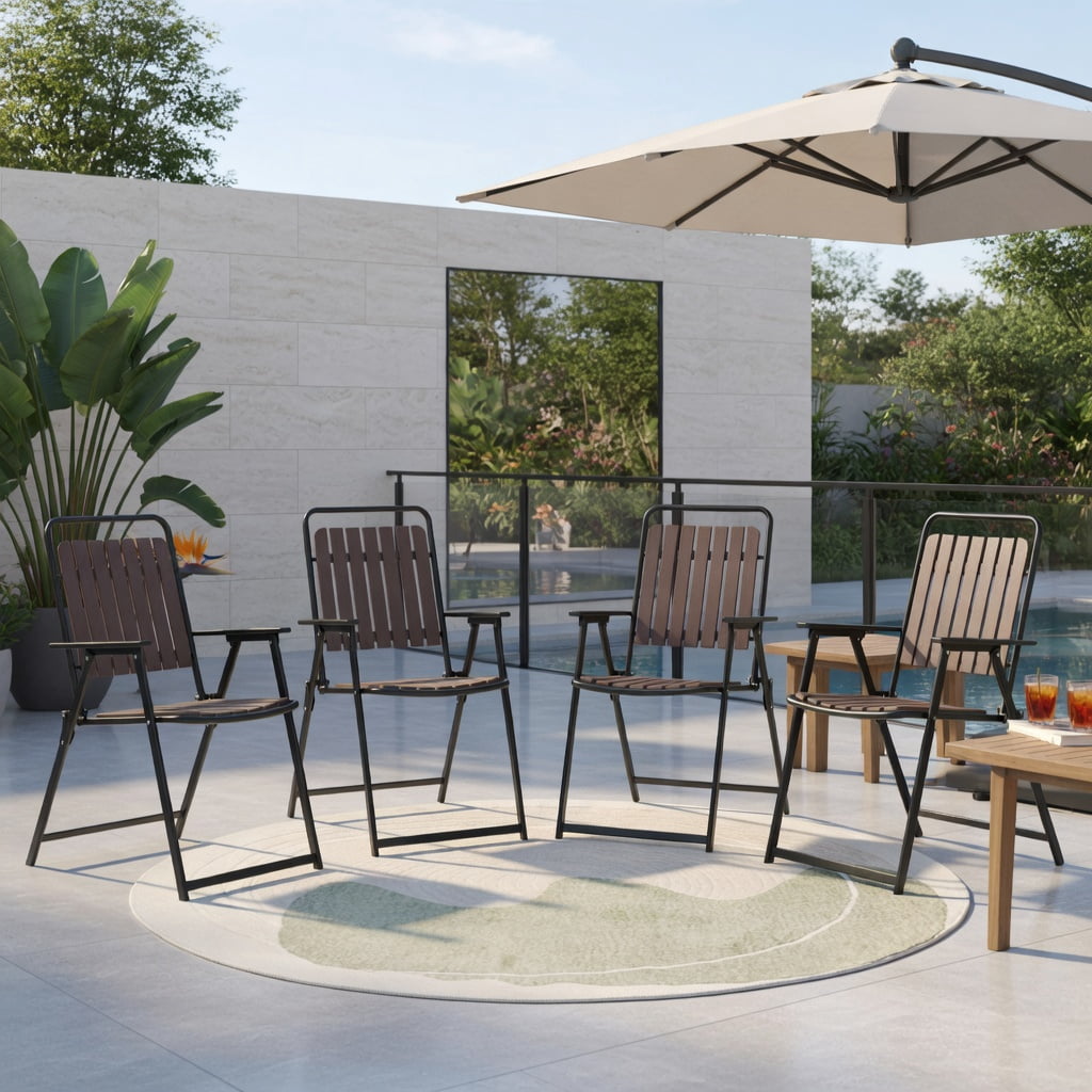 Hommoo 4-Pack Heavy-Duty Folding Patio Chairs, Breathable PP Seat & Back, Compact Foldable Design for Backyard, Balcony & Porch, Coffee Brown