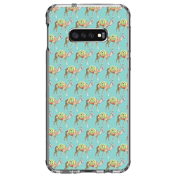DistinctInk Clear Shockproof Hybrid Case for Samsung Galaxy S10e (5.8" Screen) - TPU Bumper, Acrylic Back, Tempered Glass Screen Protector - Preppy Pattern - Camels on Teal Background