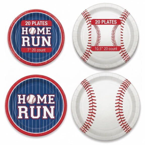 Baseball Party Plates Set, Home Run and Baseball Stitch Designs, Disposable Coated Paper for Birthday Decorations, 40 Count, 7 Inch and 10.5 Inch