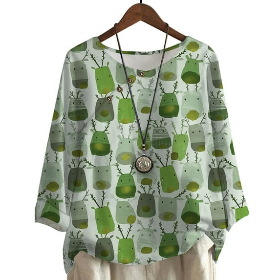 CLOOCL Oversized T-Shirt for Women Christmas Reindeer Green Print Blouse Casual Female Loose Plus Size Tops