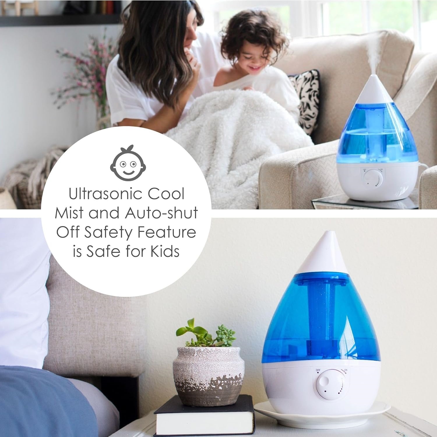 Ultrasonic Cool Mist Teardrop Humidifier for Baby Nursery, Bedroom, Office, Large Room, Adjustable Humidity, Auto Shut-Off, Easy Clean Blue & White 1 Gallon