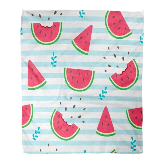 SIDONKU Flannel Throw Blanket Abstract Blue Fruit Watermelon Slices on Striped Red Tropical Soft for Bed Sofa and Couch 50x60 Inches