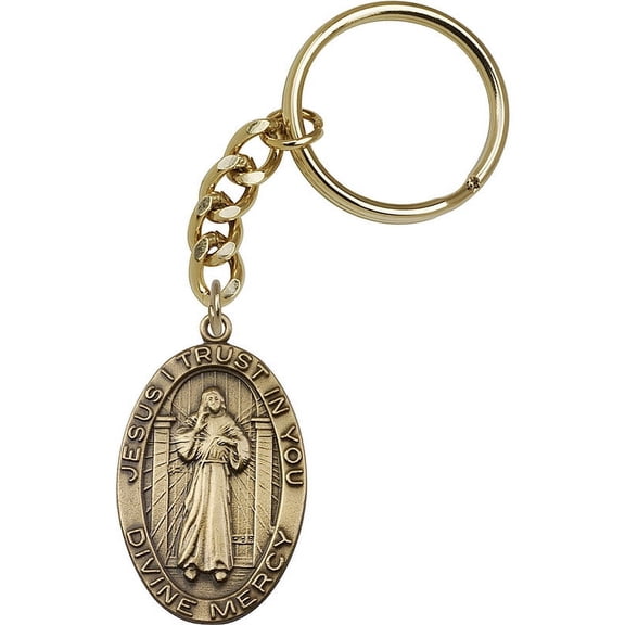 Antique Gold-Plated Divine Mercy Keychain 1 5/8 x 1 inches