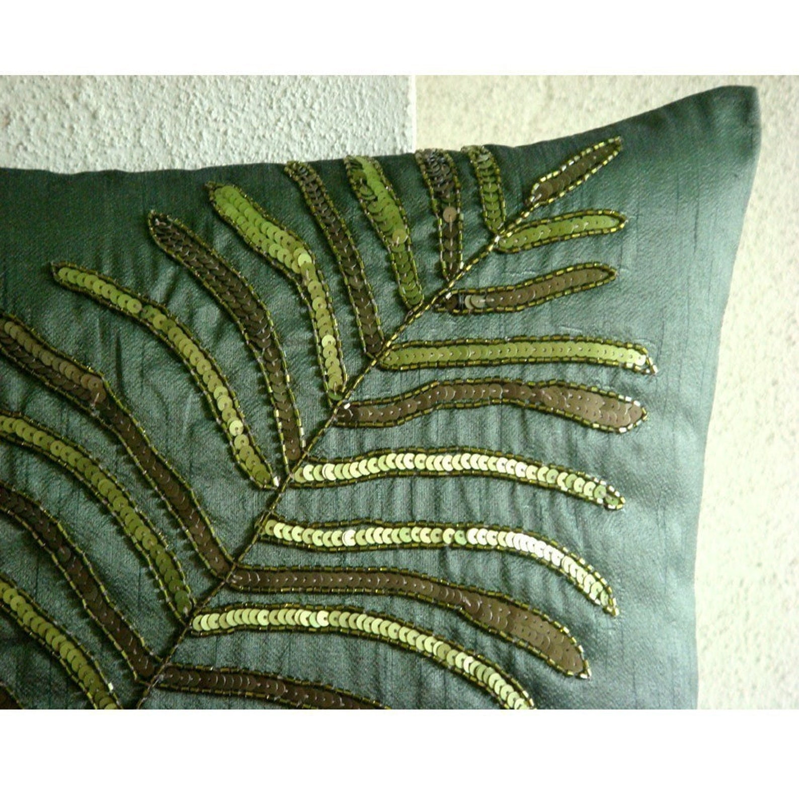 Pillow Covers, Dark Green Pillows Cover, Leaf Sequins & Beaded Pillows Cover, Throw Pillow Covers 18x18 inch (45x45 cm), Square Silk Pillows Covers, Floral, Tropical - Floating Leaf