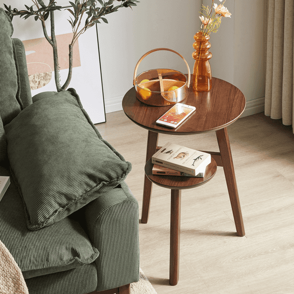 OTONIPU Solid Wood Round End Table, 2-Tier Side Table with Storage Shelf for Living Room Bedroom