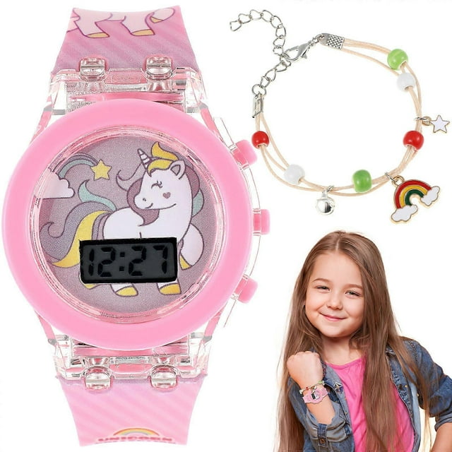 1 Set Kids Unicorn Watch Cartoon Luminous Watch with Delicate Bracelet Nice Birthday Children's Day Gifts