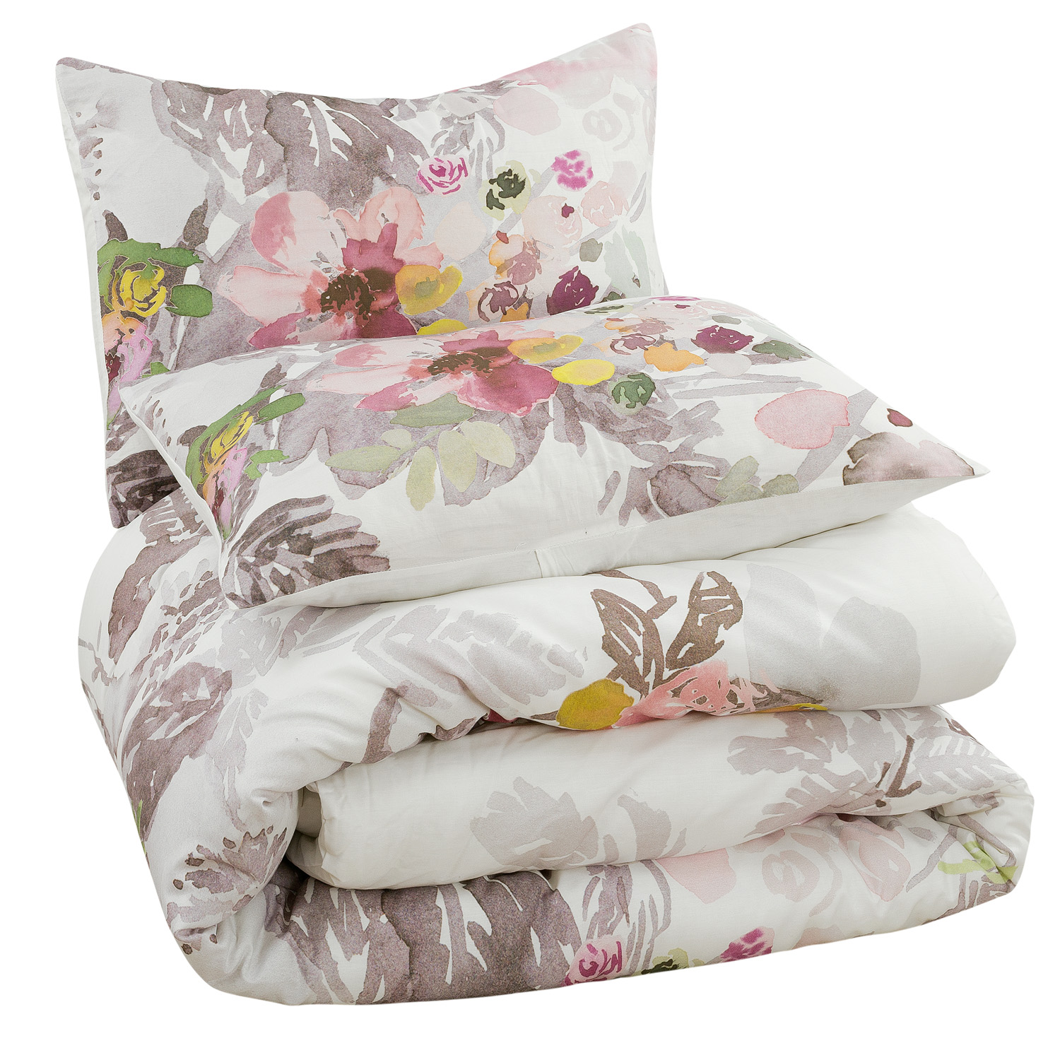 King 3-Piece Comforter Set, Brighton Grey & Blush Pink Watercolor Floral, 100% Cotton