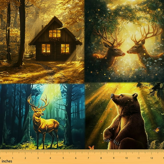 Castle Fairy Deer Bear Fabric by the Yard 1 Yard for Teens,Lodge Cabin Home Decor Fabric by the Yard,Woodland Wildlife Room Decor Fabric by the Yard,Luxury Bedroom Decor