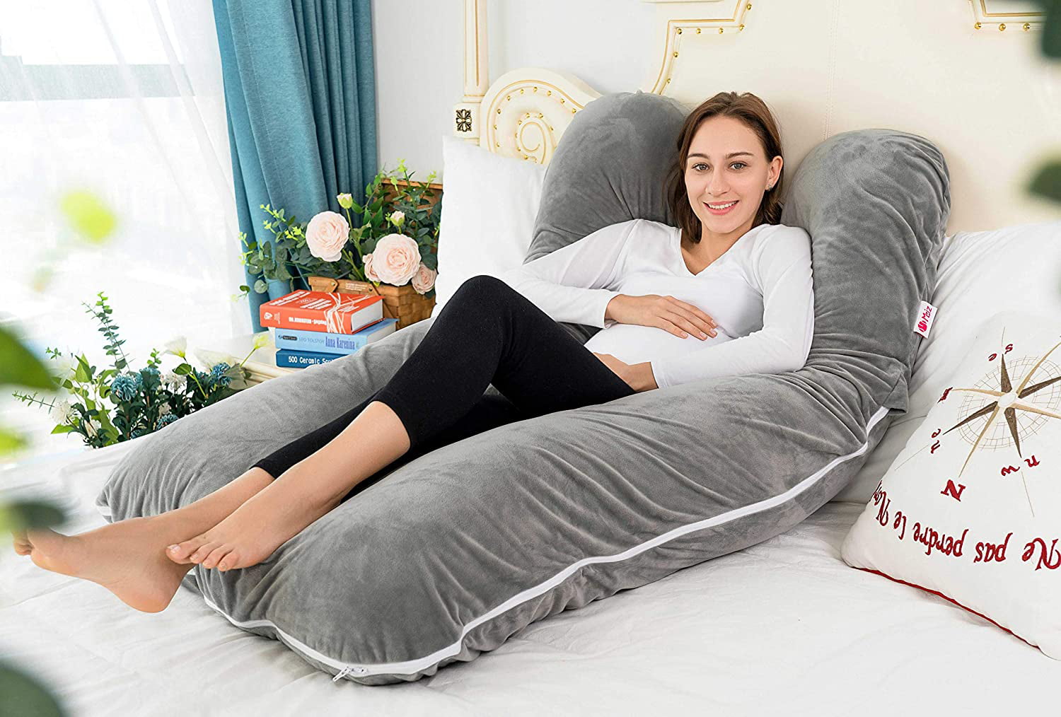 Meiz Pregnancy Pillow, U Shaped Pregnancy Body Pillow with Zipper Removable  Cover (Gray- Velvet)