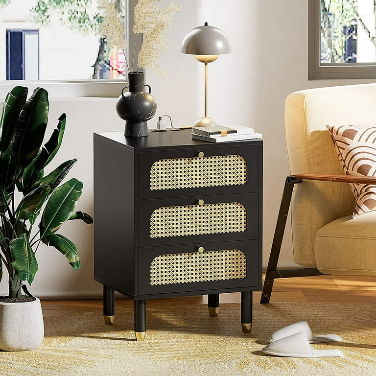 VINGLI Black Nightstand Set of 2 Rattan Bedroom Set Bedside Table Mid Century Modern Nightstand Boho Side Table Wicker Nightstand with Charging