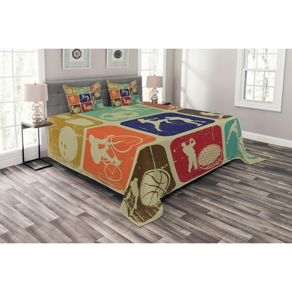 Ambesonne Vintage Quilted Bedspread Set 3 Pcs, Grunge Sports Banners, Queen Size, Multicolor