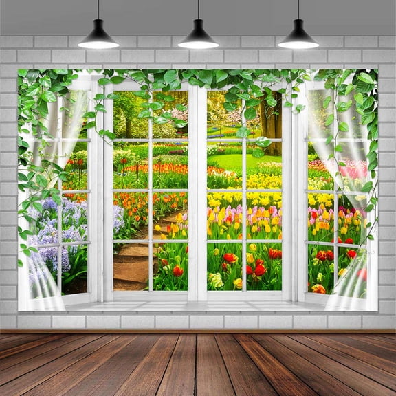 Spring Garden Backdrop,Flower and Grass Background Backdrop,Window Outdoor Natural Scenery Floral Tree Path Background Wedding Bridal Baby Shower Birthday Party Decorations Photo Booth Props 8X6FT