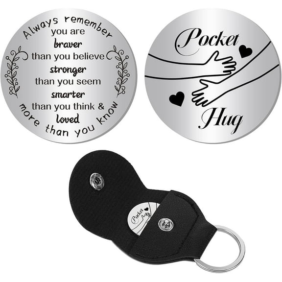 Pocket Hug Token Keepsake Long Distance Relationship Inspirational Gift for Friends Son Daughter Boy Girl with PU Leather Keychain Double Sided 1.2 x 1.2 Inch