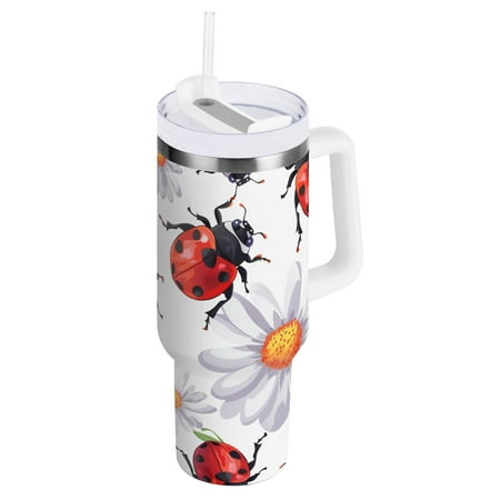 

JSTEL Lady Bug Daisy Flower 30 oz Tumbler Stainless Steel Water Bottle Vacuum Insulated Cup with Straw Lid & Handle For Travel Car Cup Holder